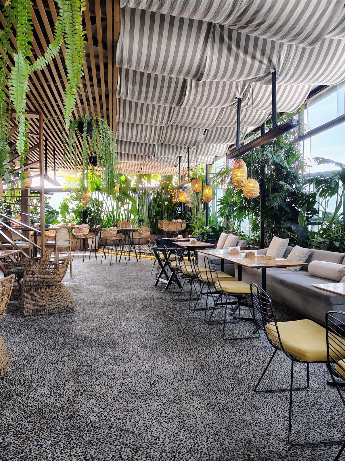Terraza jardín de Vista Corona: toldos rayados, helechos colgantes y muebles de ratán con luz de día
